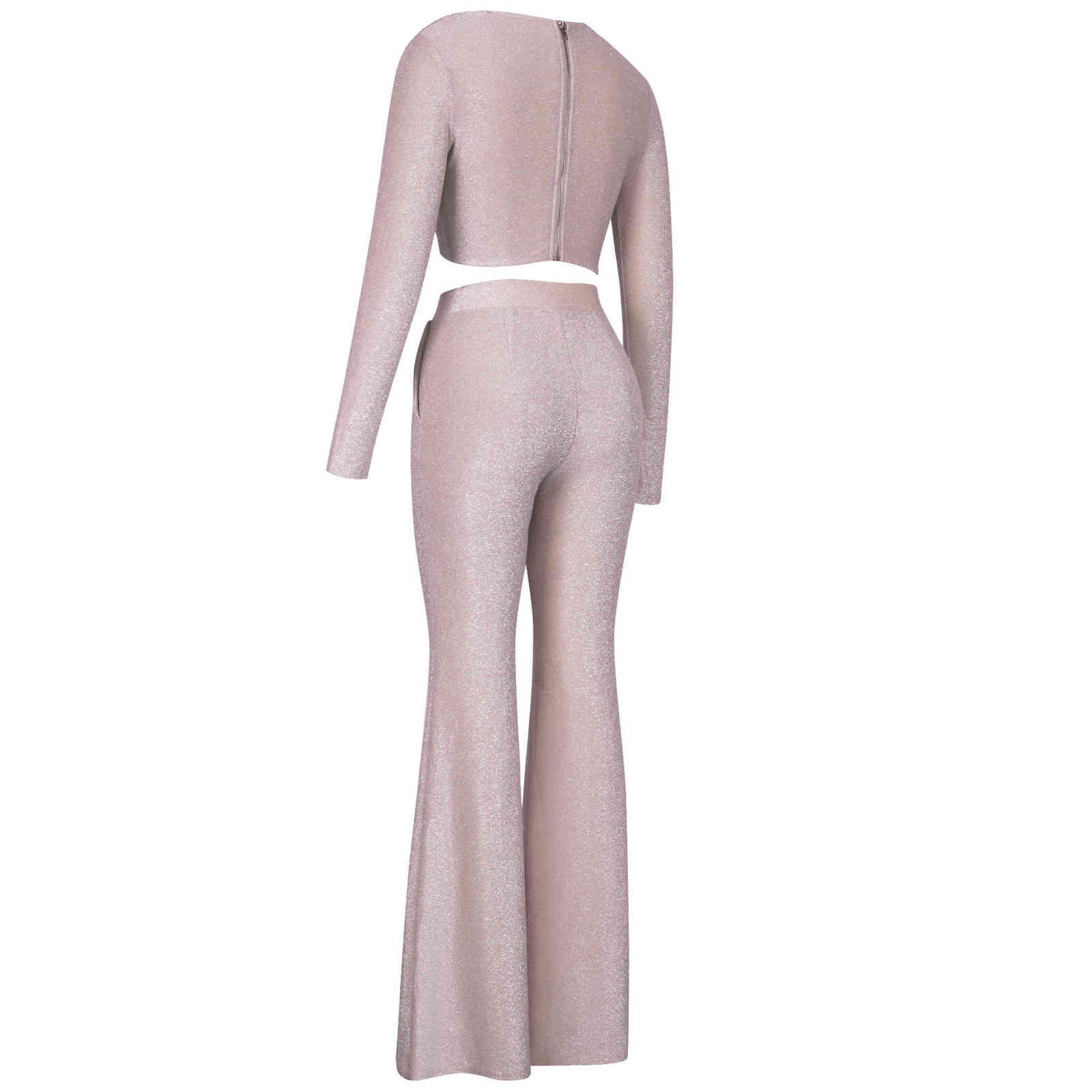 Glitter Draping Long Sleeve Top and Pants Two Piece Set Arrival Pink 2 PIece Set Women Autumn Sexy Club Party Outfits 211116