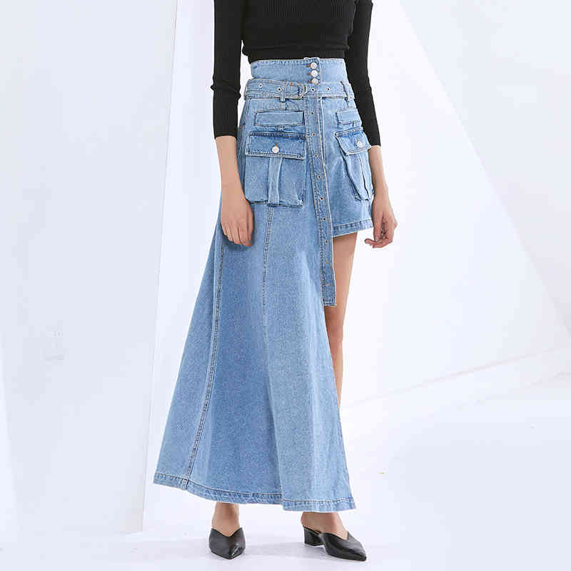 Denim Asymmetrical Skirt For Women High Waist With Sashes Irregular Hem Casual Skirts Female Fashion Clothing 210521