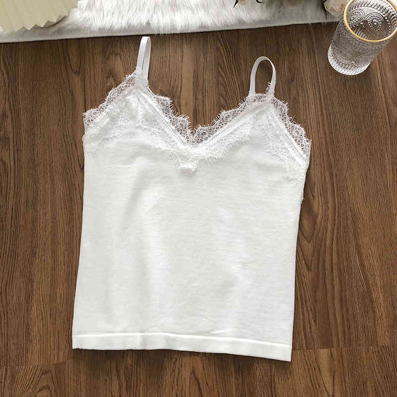 Lace lace suspender women's sexy eyelash side open back floral vest bottomless top elastic ice silk knitting 210515