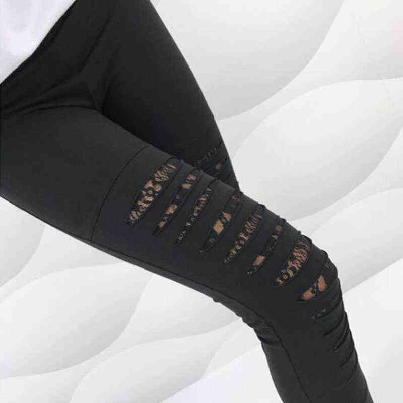 Women Fashion Style Sexy Lace Leggings Torn Ripped Hole Ankle Length Trousers Summer Pants Black XXL Plus Size 211204