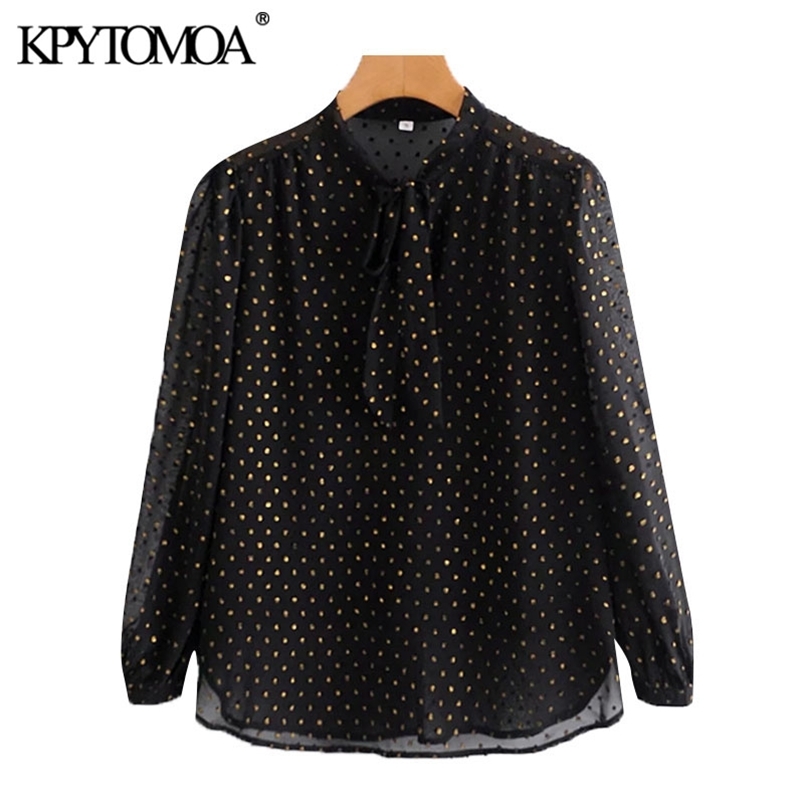 Women Fashion Semi-Sheer Bow Tied Dot Chiffon Blouses Long Sleeve With Lining Female Shirts Chic Tops 210420