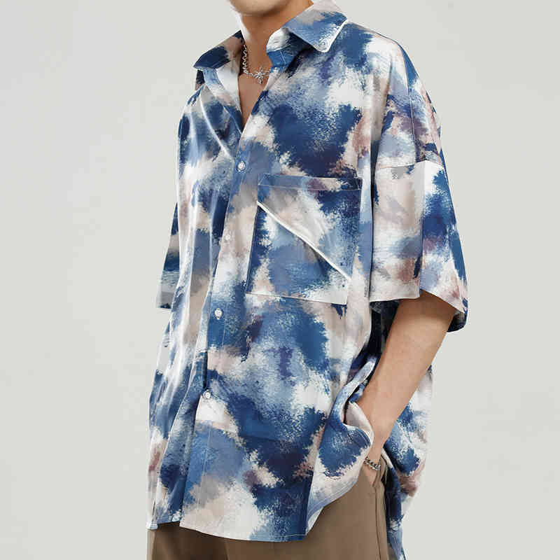 IEFB Men's Clothing Oversized Tie Dye Short Sleeve Shirt For Men Korean Fashion Loose Spring Summer Tops For Men 9Y5660 210524
