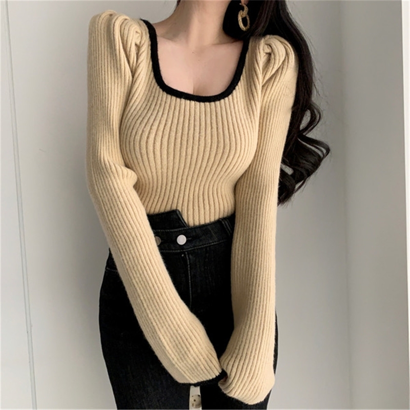 Korean Puff Sleeve Knitted Short Pullover Top Women Square Collar Long Vintage Sexy Sweater Fashion Ladies Elegant Jumper 210514