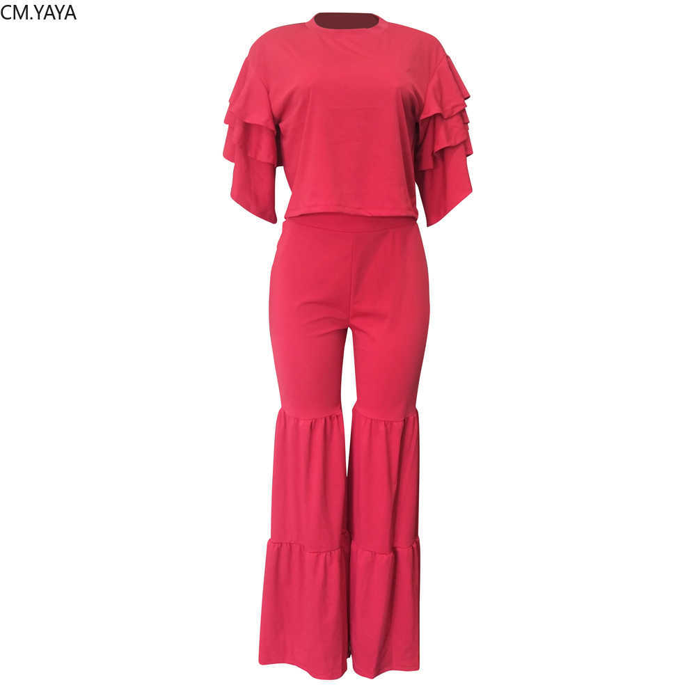 Autumn Winter 2-Piece Tracksuit Set: O-Neck Petal Sleeve Top And Flare Pants, Solid Color Nightclub Outfits For Women, Ls6326 210727