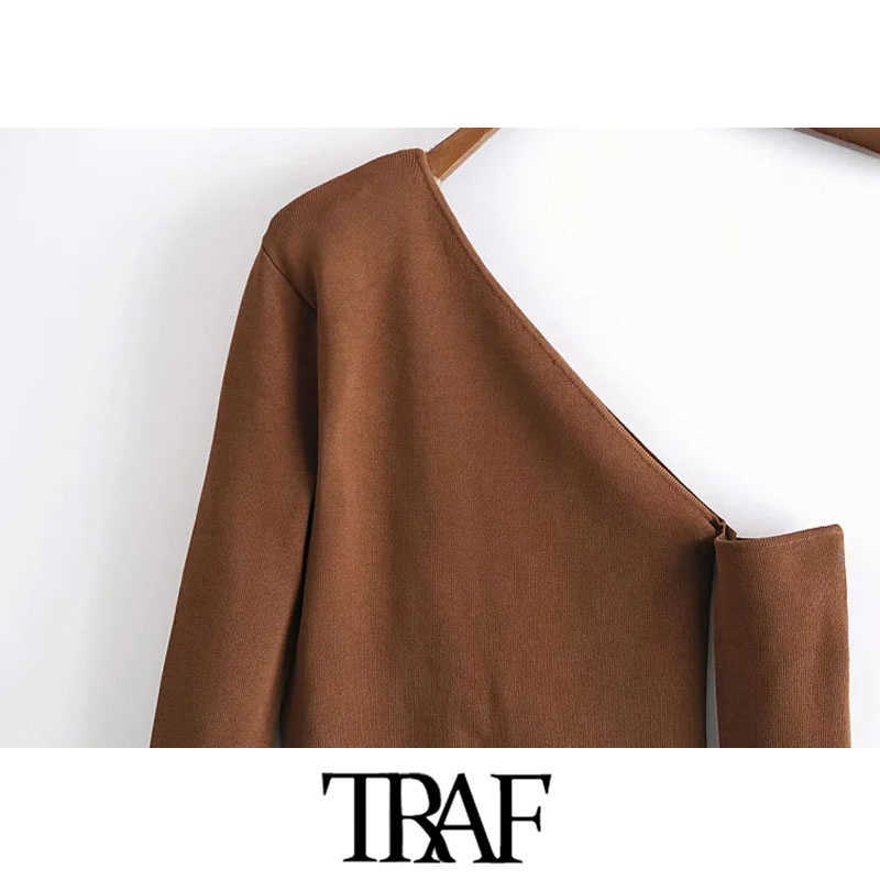 TRAF Women Fashion Hollow Out Cropped Knitted Sweater Vintage Asymmetric Neck Long Sleeve Female Pullovers Chic Tops 211007