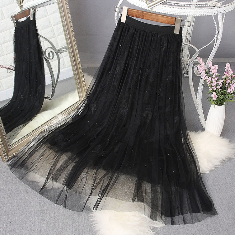 Spring Fashion Women High Waist Long Skirt Feathers Embroidery A-line s three layers fabric Sweet Womens Mesh D181 210512