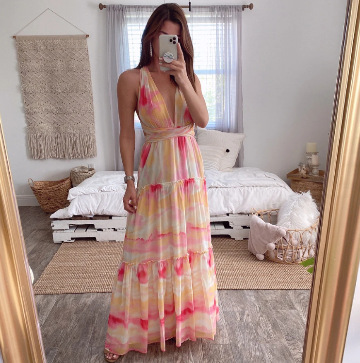 Women Dress Sleeveless V-neck Bandage Sexy Dresses Hollow Out Plus Size Long Bohemian For 210513