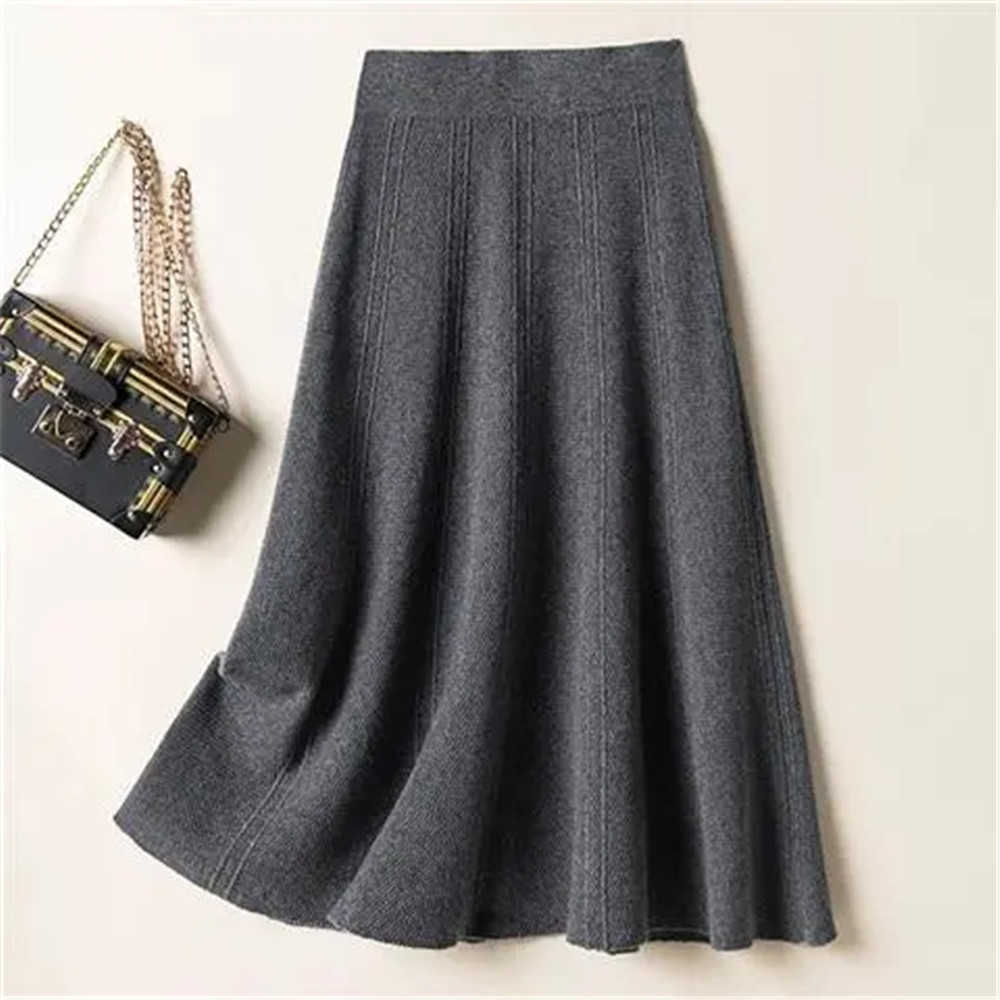 Vintage Brown Knitted Long Skirt Autumn Winter Women Casual Solid A Line Skirt Korean Female Black High Waist Midi Skirt 211119