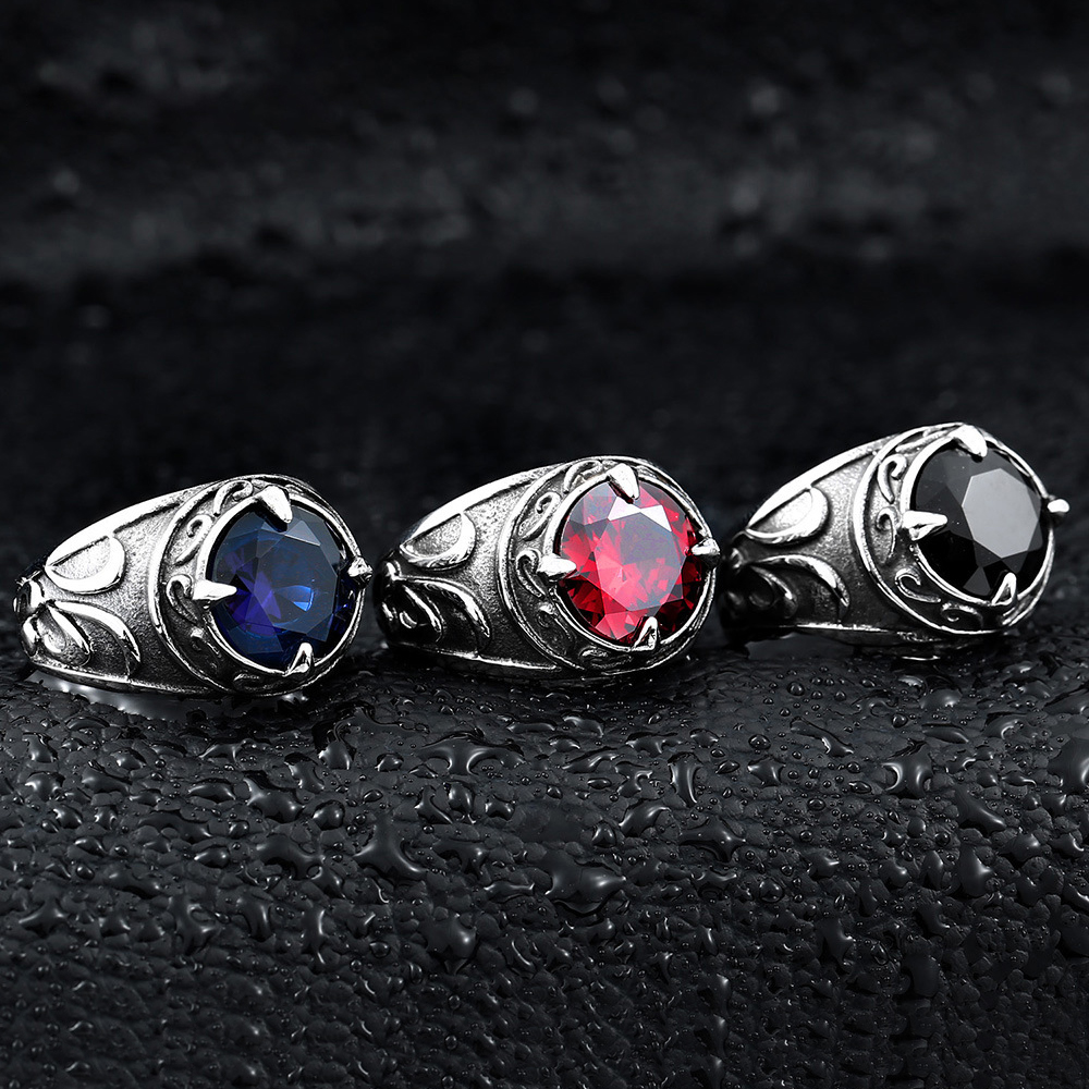 Vintage Stainless Steel Solitaire Ring Inlay Round Cubic Zirconia CZ Stone Statement Rings for Men