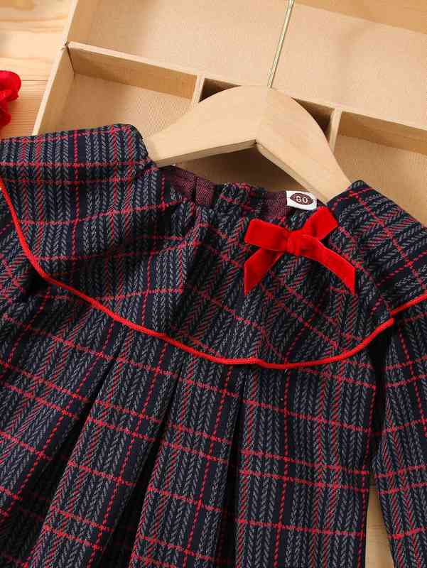Baby Glen Plaid Bow Detail Ruffle Trim Flounce Sleeve Pleated Dress SHE