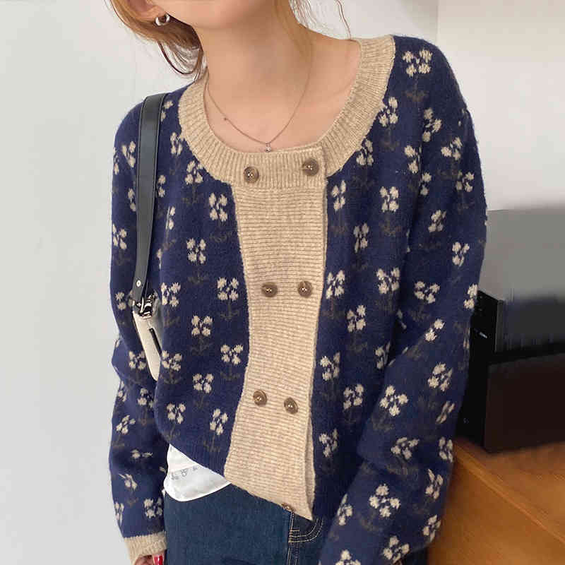 Ezgaga Women Knitted Cardigan Sweet O-Neck Chic Double Breasted Contrast Flower Jacquard Sweater Korean Ladies Warm Fashion 210430