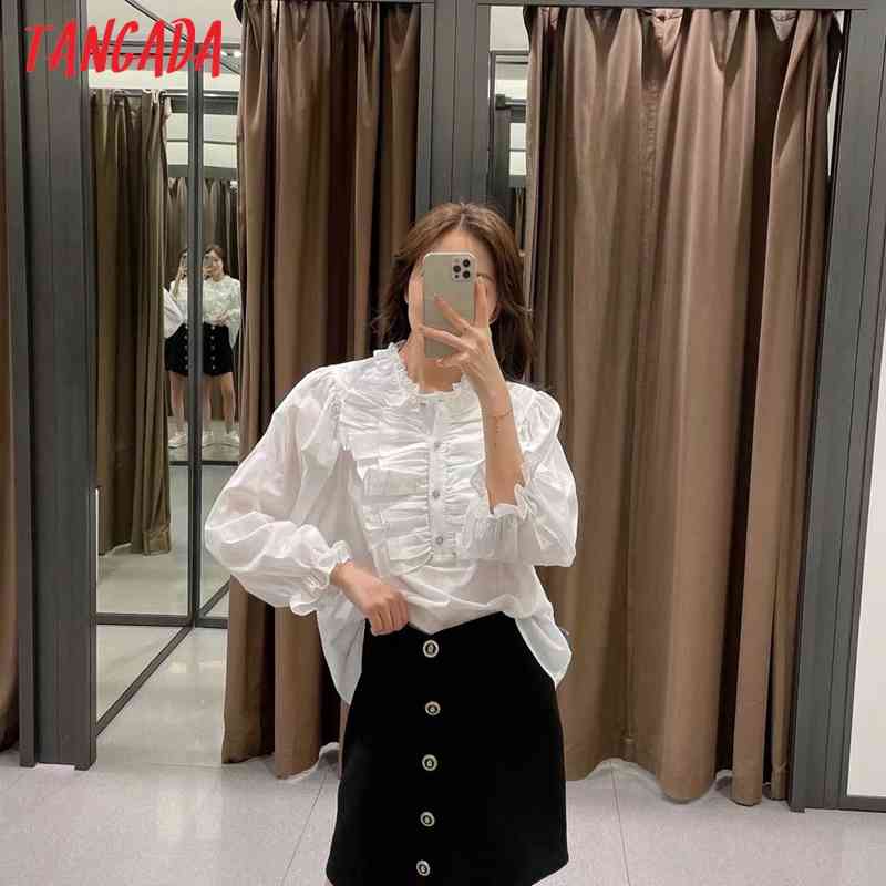 Women Retro Ruffles Beading Buttons Romantic Blouse Long Sleeve Chic Female Shirt Tops 4N22 210416