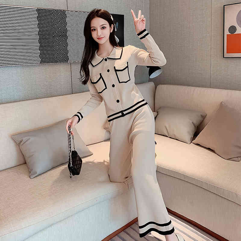Autumn And Winter Arrival Women Vintage Elegant Sweater + 2pcs Fashion Set Casual Knit Wide Leg Pants Suit 210520