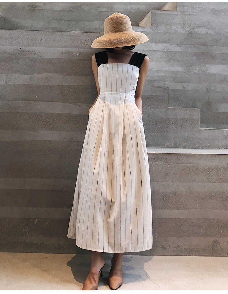 Women Casual Sleeveless Strap Linen Mid-calf Dress Summer striped Female Sundress Vestido 210623