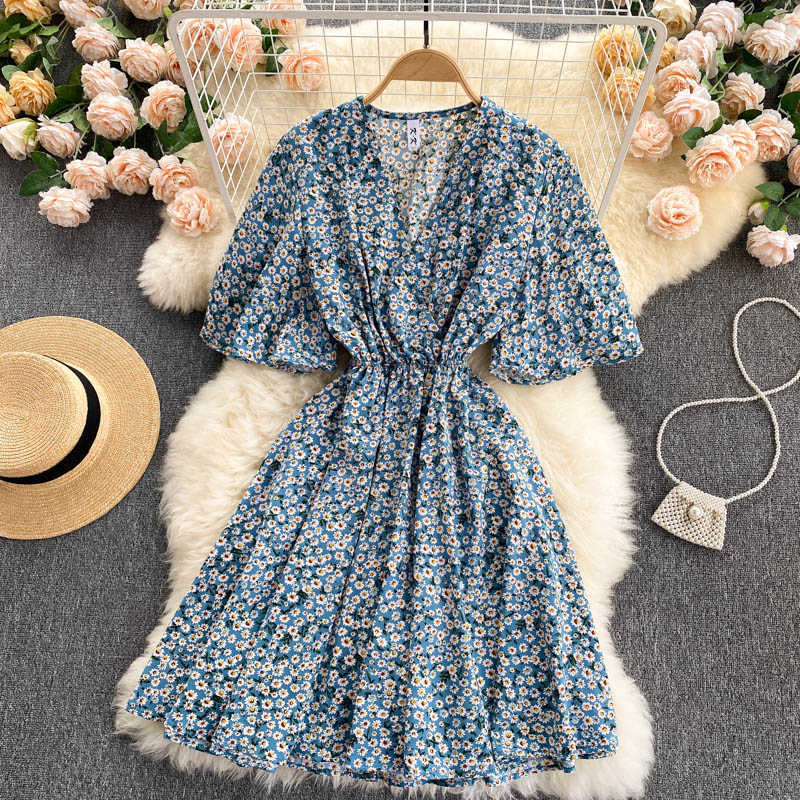 DEAT Women Printing Vacation Dress V-Neck Short Sleeve Arrivals Lady Temperament Fashion Spring Summer 11D582 210709
