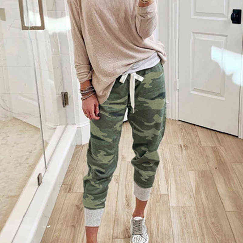Women Camouflage Joggers Pants Ankle Camo Cargo Jogging Trousers Female Autumn Streetwear Lace Up Ladies Sweatpants 211124