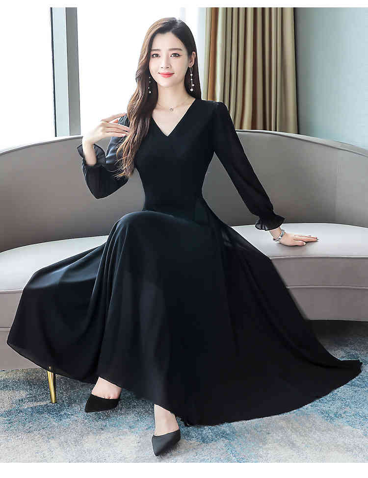 Plus Size S-3XL Autumn Bohemian Long Dress Women's Bowknot Sexy V-Neck Sleeve Women Chiffon Beach Vestidos 210519