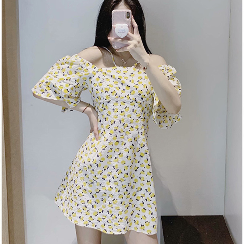 Summer Women Printed Dress Sling Ruffled Sleeve Short Dresses Chic Lady Fashion Casual Clothes 210517