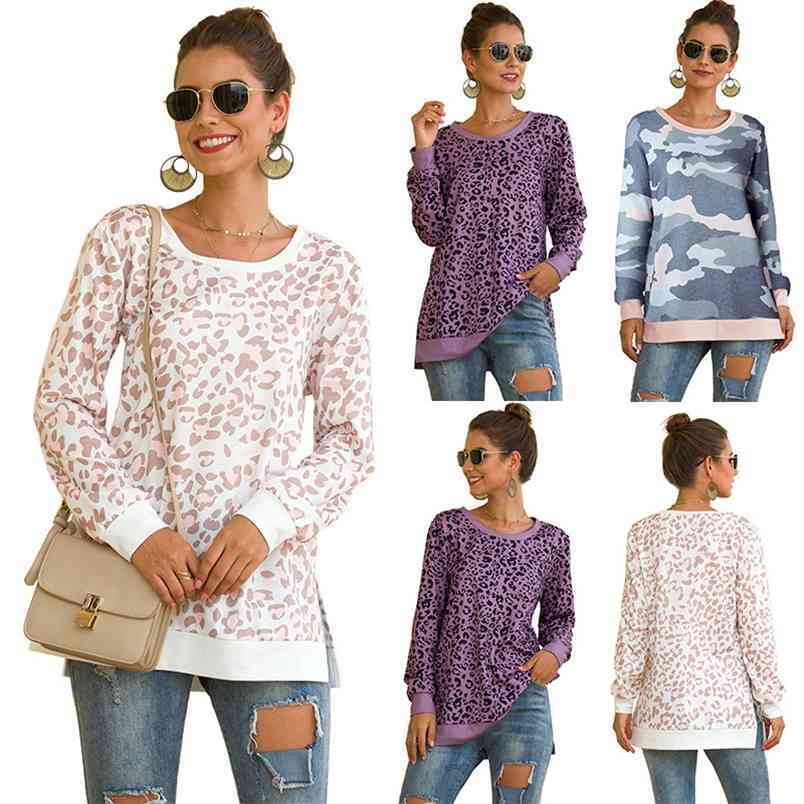 Leopard Camouflage Printed Hoodies Splicing Women's Fall Winter Round Neck Fashion Casual Loose Pullover Top Plus Size 210522