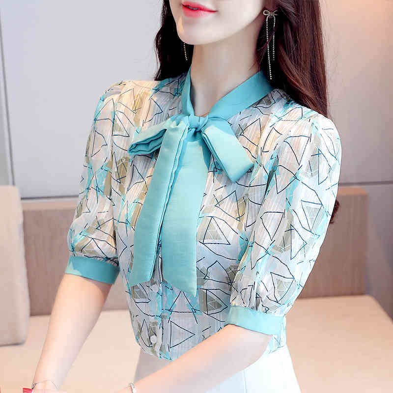Summer Sweet Puff Sleeve Shirt Loose Fit Bow Collar Short Tops Tie Elegant Printed Chiffon Blouse Women 9547 210427