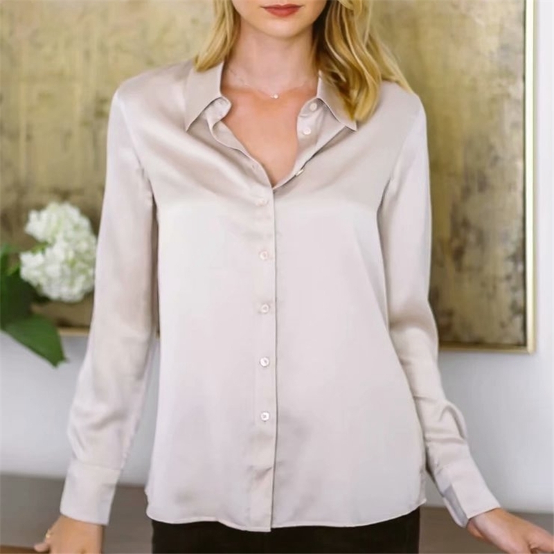 Elegant Women Turn Down Collar Shirts Fashion Ladies Satin Tops Streetwear Female Chic Solid Soft Blouses 210430