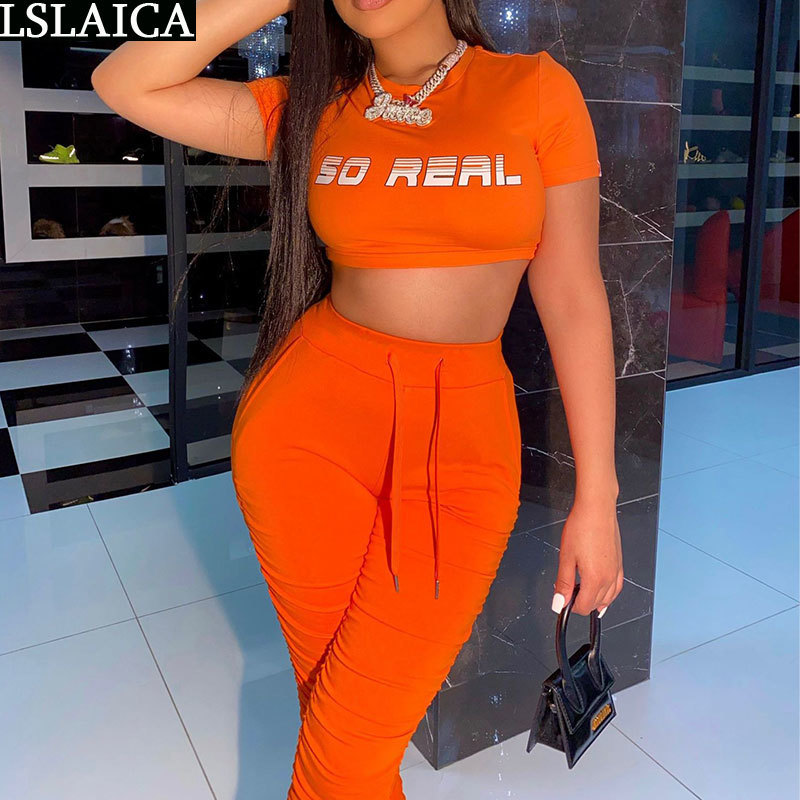 2 Piece Set Women Summer Short Sleeve Crop Tops Stacked Pants Solid Casual Sportswear Sweatsuits For Gym 210515