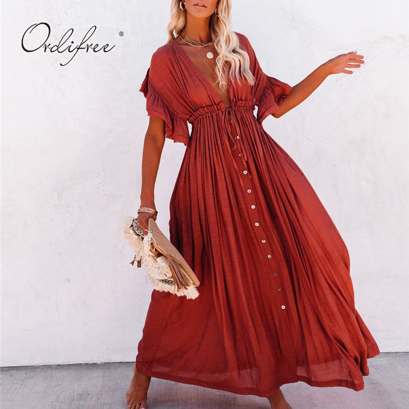 Women White Maxi Backless Deep V Neck Ruffle Single Breasted Belted Sexy Summer Long Vacation Beach Dress 210415