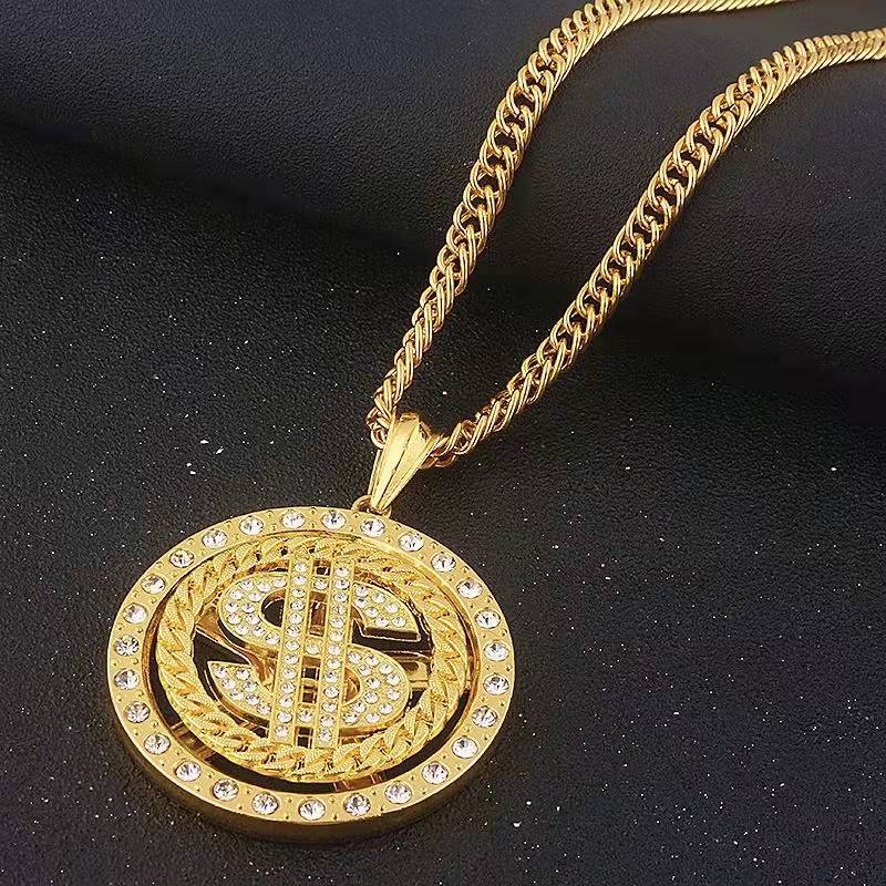 Hip Hop Rotatable Money US Dollar Symbol Necklace Long Chain Bling Bling Gold Silver Plated Austrian Crystal Diamond Dollar Sign Necklace for Men Wome