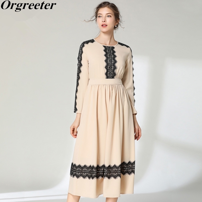Elegant Lace Appliques Chiffon Long Dresses Spring Women Sleeve Spliced Ruched Big Swing Female Casual 210525, Khaki
Elegant Lace Appliques Chiffon Long Dresses Spring Women Sleeve Spliced Ruched Big Swing Female Casual 210525, Khaki