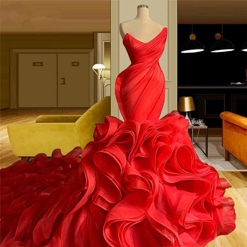 Red Ruffle Train Plus Size Mermaid Wedding Gowns 2021 Deep V Neck Pleats Sweep Rode Be Mairrage Bridal Party Dresses