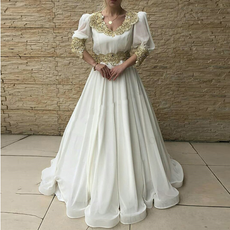 Traditional Kosovo Albanina Prom Dresses Gold lace Applique half sleeve arabic Formal Evening Gowns vestido de fiesta