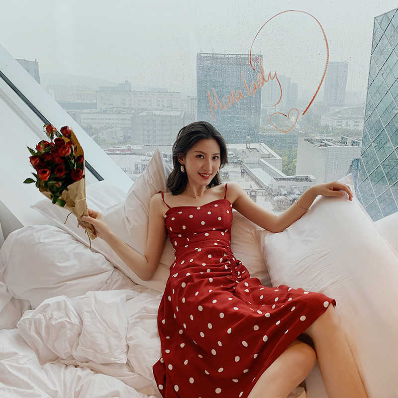 Summer Vintage Floral Red Polka Dot Print Dress Fold Irregular Strap A-line Dresses Boho Holiday Beach Sundress Vestidos 210608