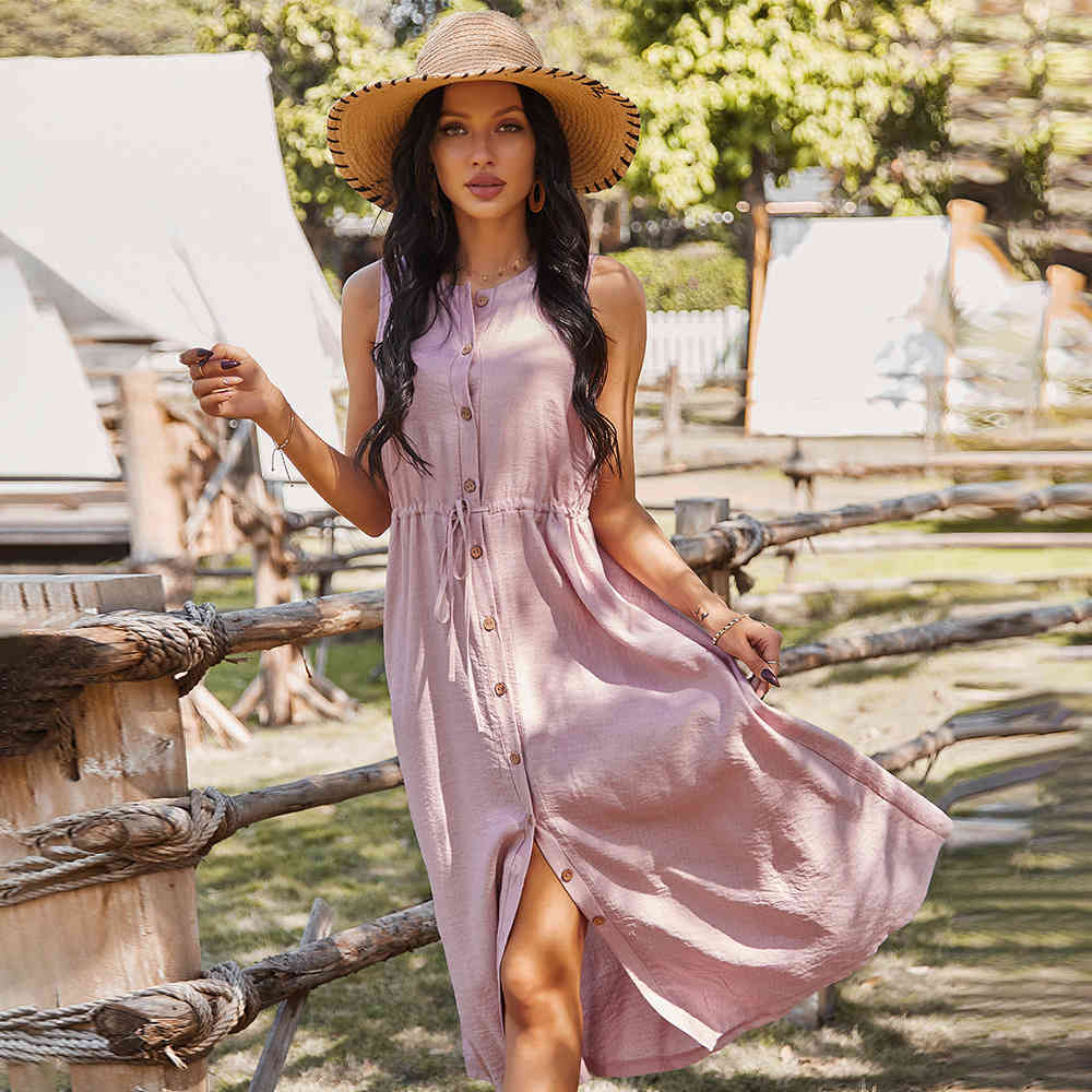 Women summer dress Cotton Sleeveless A-Line O-Neck Solid single Buttons Casual Women' Dress Holidays beach clothing 210524, Black
Women summer dress Cotton Sleeveless A-Line O-Neck Solid single Buttons Casual Women' Dress Holidays beach clothing 210524, Black