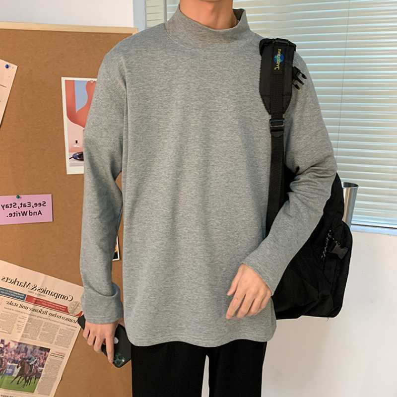 Autumn winter super high neck long sleeve T-shirt men's loose round neck bottom 210623