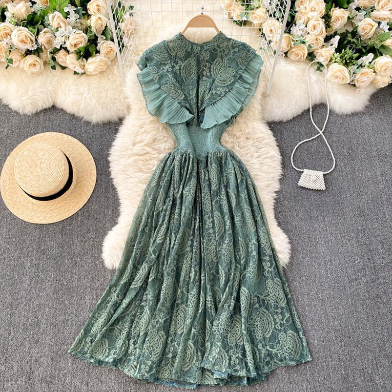 summer temperament fashion vestidos french women dress elegant pleated ruffled waist and thin lace midi c416, Black;gray
summer temperament fashion vestidos french women dress elegant pleated ruffled waist and thin lace midi c416, Black;gray