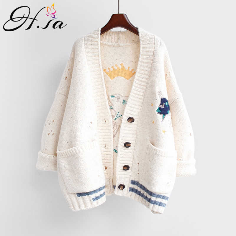 HSA Autumn Winter Women Sweater Cardigans Cartoon Embroidery Cardigans Poncho Single Breasted Knit Sweater Harajuku Out Top 210716