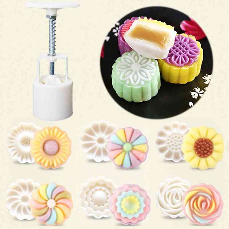 Moon Cake Mould Mold With 6Pcs Stamps Around Flower Baked Mooncake Hand Diy Tool