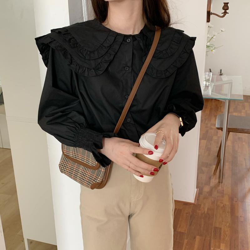 Fashion Long Sleeve White Shirt Women Peter Pan Collar Ruffles Vintage 's Shirts Casual Cotton Blouse Blusa 12392 210508