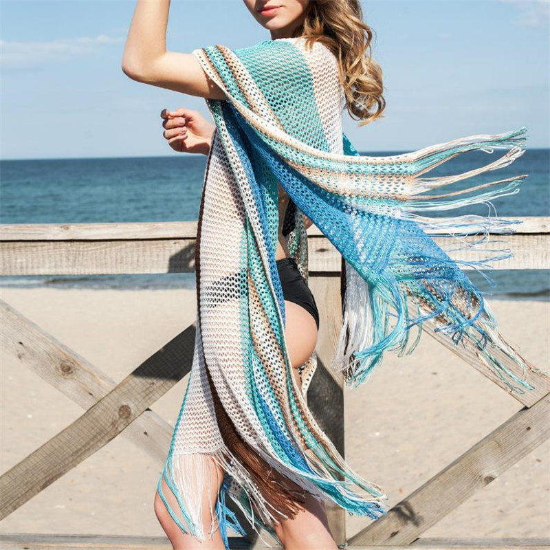 Oversize Bohemian Striped V-neck Cape Sleeve Fringed Knitted Summer Dress Beach Cover Up Women Beachwear Crochet Tunic Q900 210420