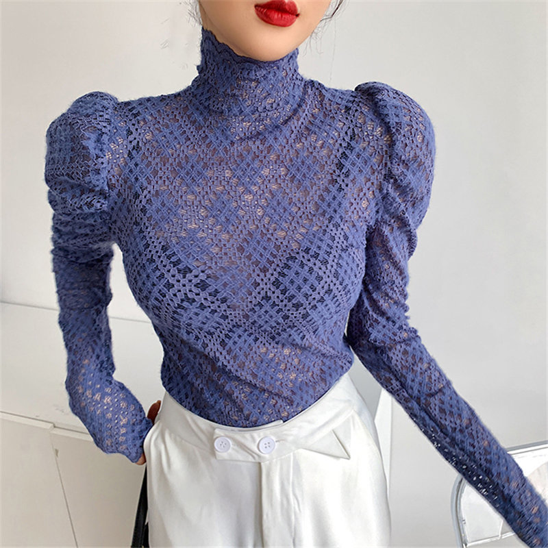 Lace Sexy Turtleneck Solid Female Chic Basic Slim High Quality All Match Women Autumn Tops Puff Sleeves T-shirt 210421