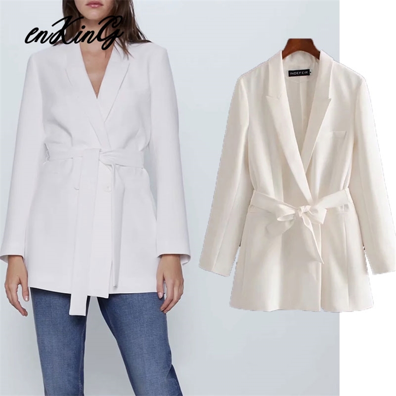 spring england office lady simple sashes white blazer feminino women mujer and jackets 210628
spring england office lady simple sashes white blazer feminino women mujer and jackets 210628