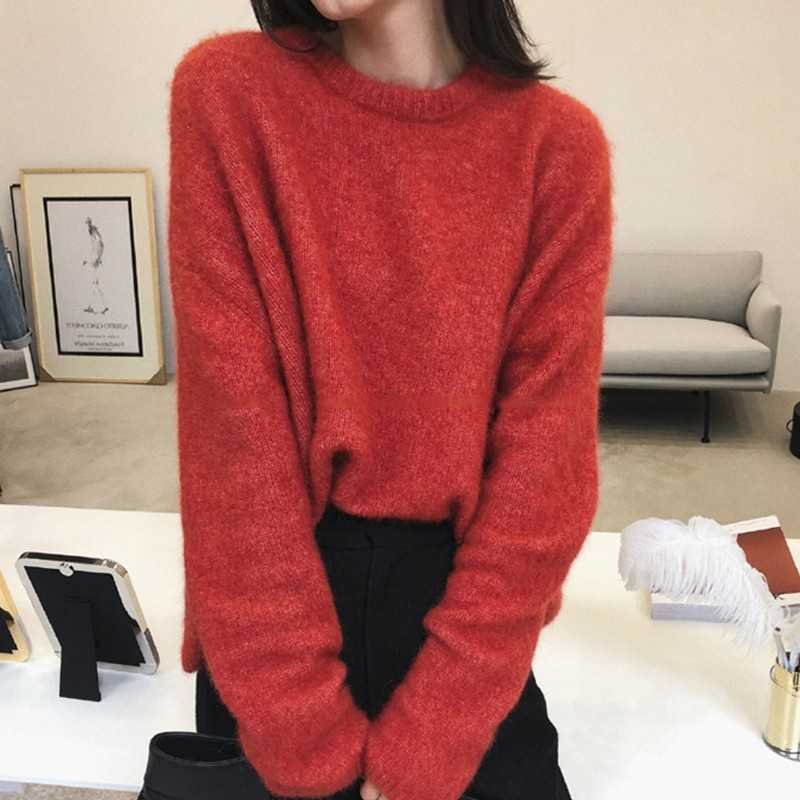 Yedians Solid Pullover Sweater Knitted Women Winter Long Sleeve O Neck Cashmere Warm Loose Jumper Ladies 210527