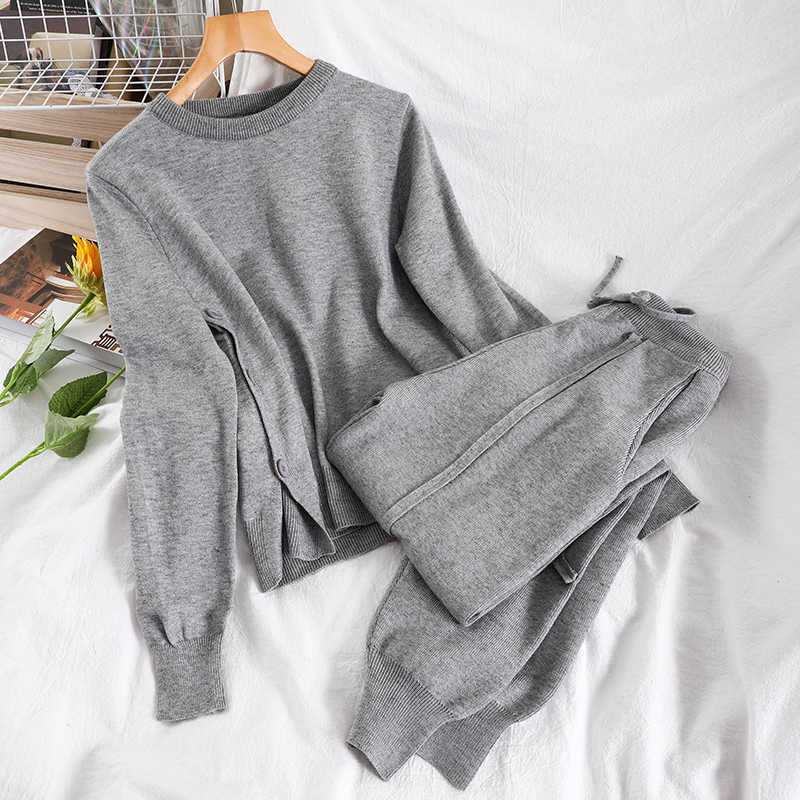DEAT Spring Autumn Women Fashion Round Neck Long Sleeve Loose Top Harun Pants Casual Knitted Two Piece Set RD839 210709