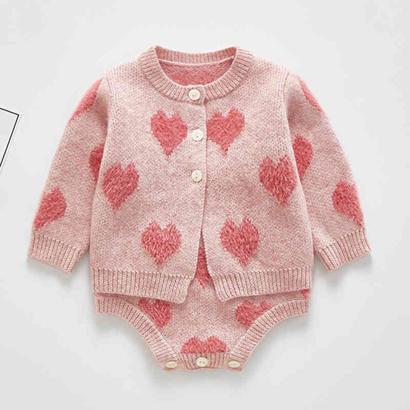 Spring Autumn Infant Baby Girls Knit Long Sleeve Loving Heart Coat + Braces Rompers Clothing Sets Kids Boy Girl Suit Clothes 210429