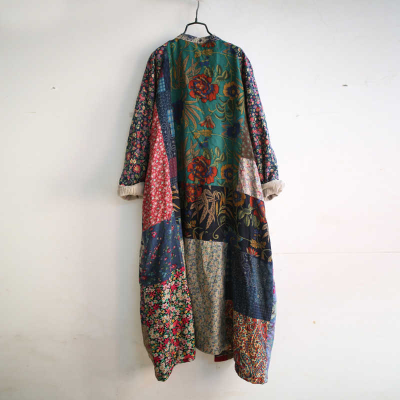 Johnature Women Print Floral Trench Vintage Coats Autumn Stand Long Sleeve Loose Chinese Style Cotton Linen Coat 210820