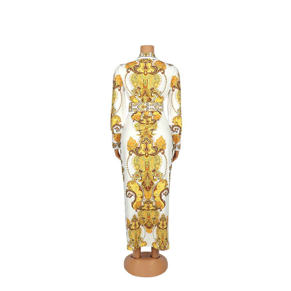 Women Printed Dress Long Sleeves Gold White Elegant Female Vestidos Robes Floral African Fashion Ladies Autumn Plus Size XXL XL 210416