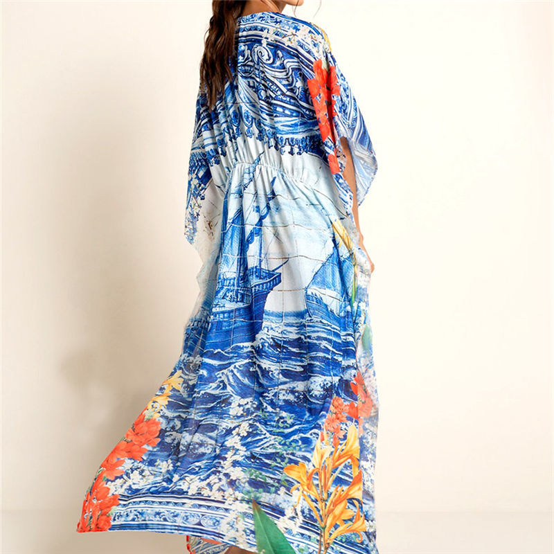 Blue Boho Printed Bikini Cover-ups Long Kimono Cardigan Cotton Tunic Plus Size Women Summer Beach Wear Swim Suit Cover Up Q1059 210420
