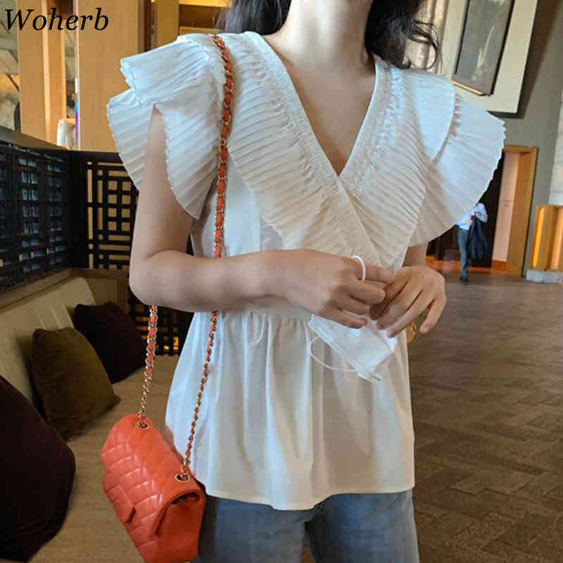 Ruffle Patchwork Flying Sleeve Shirt Lady OL Brief Chic Blouse Stylish Femme All Match White Shirts Sexy Streetwear 210519