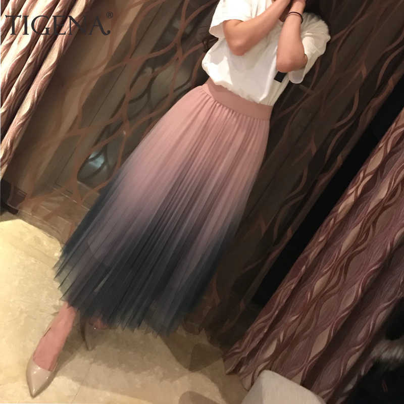 TIGENA Beautiful Gradient Color Long Tulle Skirts Women Korean A-line High Waist Pleated Maxi Female School Girls 210619