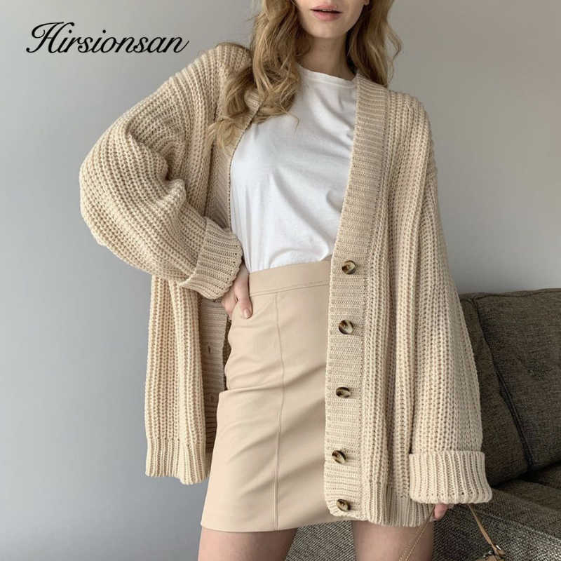 Hirsionsan Cashmere Long Sleeve Sweater Women Single-Breasted Female Cardigan V Neck Soft Loose Knitted Outwear Jumpers 211011Z